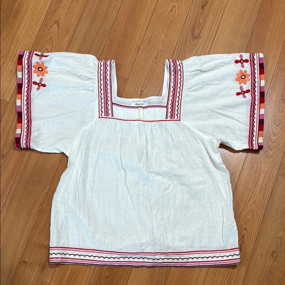 Embroidered White Blouse with Red Accents